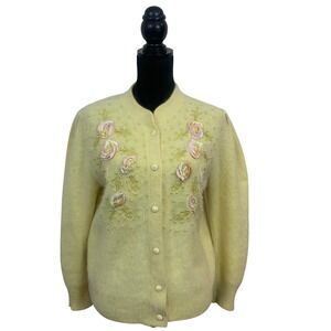 Vigor Vintage Angora Blend Cardigan Yellow Floral‎ Ribbon Rose Pearl Beaded XL